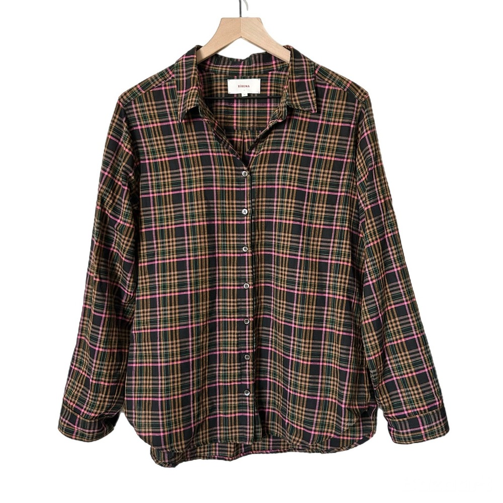 Xirena Beau Plaid Button Down Shirt Black Pink Brown Cotton Blend Size Medium